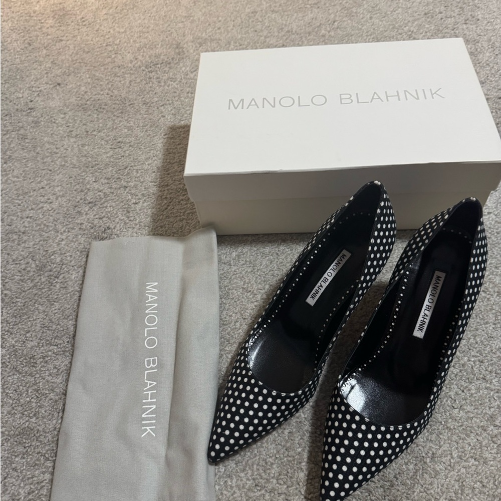 Manolo Blahnik Black and White Polka Dot Pointed-Toe Pumps